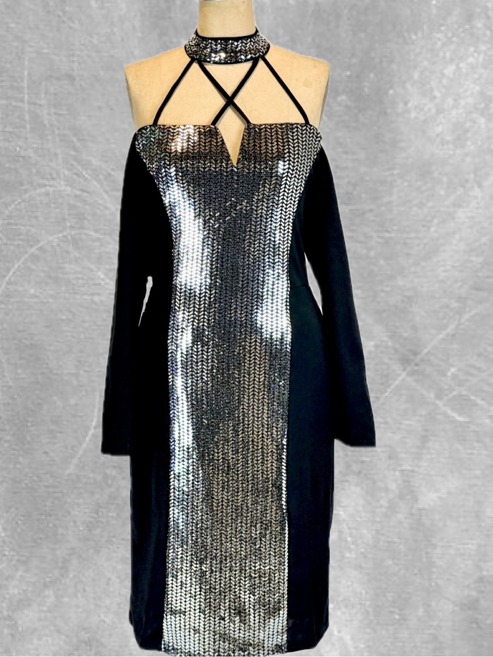 Venus silver sequin sparkle party dress strapless choker bodycon midi cocktail M